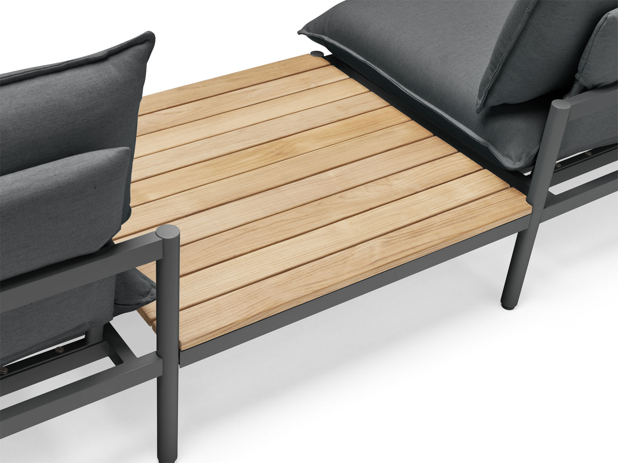 Back angle view of wood and black large outdoor end table